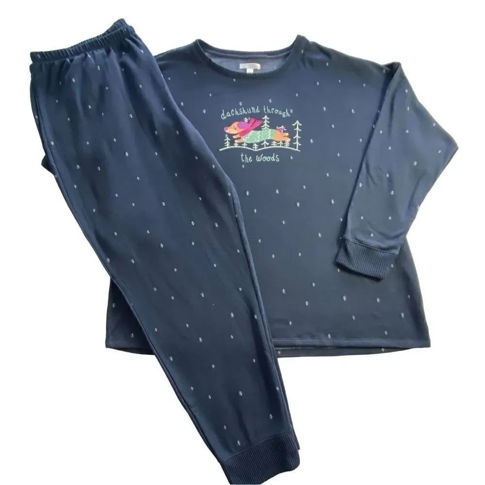 LC Lauren Conrad 3X Navy Dachshund Trees Cozy Long Sleeve Pajama Top & Pajama Pa